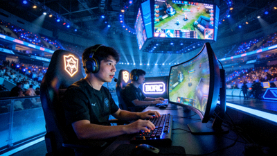 电竞选手在大型赛事中专注比赛的场景