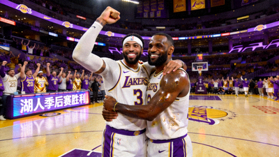 NBA季后赛湖人队关键球员庆祝胜利